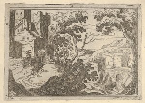 Paysage avec des bâtiments à gauche et un pont à droite en bas, ca. 1620-50