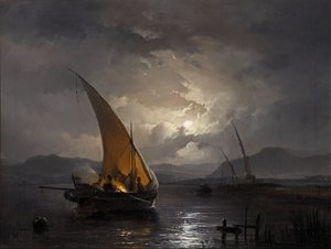 Paysage nocturne avec un voilier où un feu est allumé, après 1860 - Remigius van Haanen