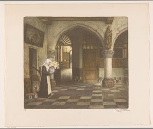 Nonne dans un cloître avec un vase de fleurs - René Janssens (signed by artist)