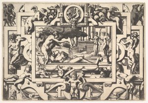 Médée verse une potion magique sur Jason Le roi Aeson tant caduque et chenu en une cuve elle..., 1563 - Rene Boyvin