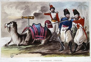 Costumes militaires persans du XIXe siècle et un chameau portant un canon, vers 1840