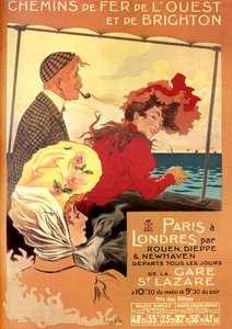 Affiche publicitaire par René Pean pour la compagnie ferroviaire West and Brighton pour la ligne Paris-Londres via Rouen, Dieppe et Newhaven, fin du XIXe siècle