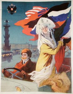 Couple dans une voiture à moteur à Saint-Pétersbourg, affiche publicitaire pour une voiture française destinée au marché russe, c.1912 (lithographie en couleur)