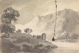 Paysage avec château, rivière et montagne