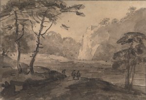 Paysage avec trois figures sur une route