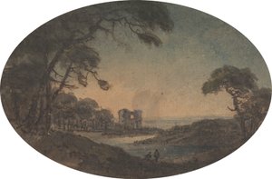 Paysage avec deux hommes et une ruine de château sur la rive