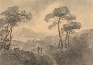 Paysage de montagne avec deux figures sur une route sinueuse