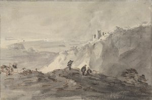 Trois figures dans un paysage vallonné avec des ruines, au-delà - Rev. William Gilpin