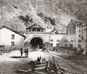 Le tunnel ferroviaire de Fréjus aussi appelé le tunnel du Mont Cenis, Alpes européennes, du côté italien à la fin du XIXe siècle. Tiré de 