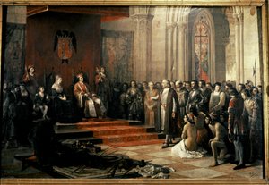 Colomb avec les Rois Catholiques (Isabelle et Fernando) de...