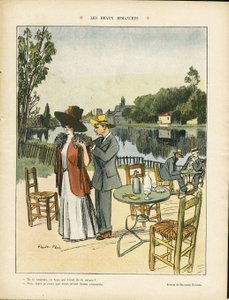 Illustration de Ricardo Flores (1878-1918) dans Le Rire, 04/07/08 - Beaux dimanches - Loisirs, Nature Végétation, Architecture Urbanisme, Restaurant Cafés, Maritime Marine Bord de mer