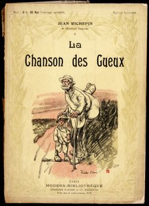 Vieil homme et petit garçon, portant des nœuds de voyage et des chaussures enveloppées de chiffons, sur une route (illustration par Ricardo Flores pour la couverture de la collection de textes et poésies intitulée "La chanson des gueux", par Jean Richepin)