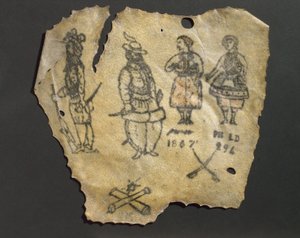 Peau humaine, tatouée avec figures, probablement français