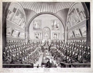 Le Lord Maire, les échevins et le conseil commun dans la salle du conseil du Guildhall, Londres, gravé par Thomas Sutherland, publié en 1825