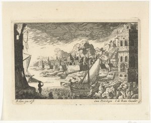 Vue de ville avec port de pêche et bateau accostant (Vues de villes et ports)