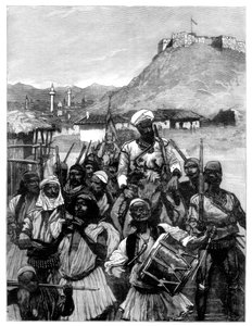 Albanais de Scutari traversant la Boyana pour occuper Dulcigno, 1880 - Richard Caton II Woodville