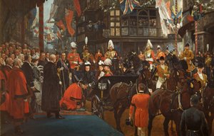 La reine Victoria adoubant Herbert Ashman, Esq., premier lord-maire de Bristol, à la maison du conseil, le 12 novembre - Richard Caton II Woodville