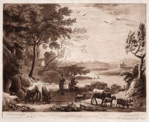 Liber Veritatis : No. 42, Un paysage fluvial avec un berger et une bergère et un troupeau de bovins - Richard Earlom
