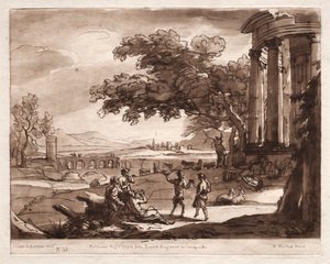 Liber Veritatis : No. 55, Un paysage avec un temple et une nymphe et un satyre dansant