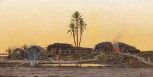 Crépuscule sur un village, intitulé au verso petit village arabe en Tunisie