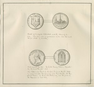 Lichfield - Médailles de la cathédrale de Lichfield et des armoiries de la ville, et un portrait de Richard Greene: dessin à la plume