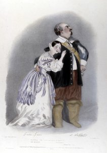 Giulia Grisi et Luigi Lablache dans le 3ème acte de « Les Puritains » (I puritani) de Vincenzo Bellini. Lithographie de R. J. Lane. 1835