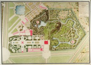 Plan des jardins français et champêtre du Petit-Trianon avec les masses du bâtiment, du Recueil des plans du Petit Trianon par Richard Mique