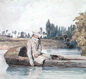 Un homme pêchant depuis un bateau sur une rivière - Richard Parkes Bonington