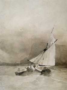 Un voilier et une barque dans une mer agitée au large de Beachy Head, Sussex