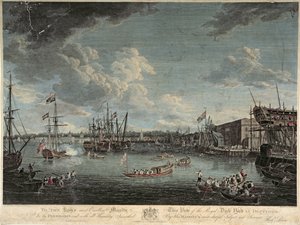 Vue du chantier naval royal à Deptford, gravé par William Woollett, publié le 1er juillet 1793