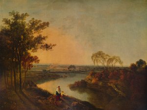 Une rivière anglaise au coucher du soleil, au loin les collines galloises, vers 1760 - Richard Wilson