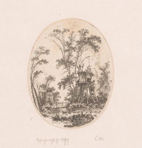 Paysage avec structure en bois sur pilotis, à gauche une femme sur un pont - Richard de Saint Non