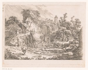 Paysage avec cabane et filets de pêche sur des piquets - Richard de Saint Non