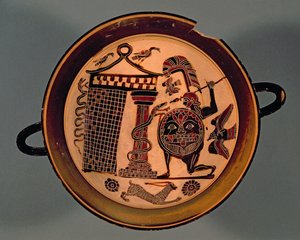 Coupe à figures noires laconiennes représentant un guerrier attaquant un serpent, VIe siècle av. J.-C. - Rider Painter