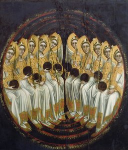 Anges assis avec des orbes dans leurs mains, c.1348-54