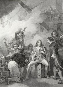 Le comte Sandwich refusant de quitter son navire en feu, lors de la bataille de Sole Bay, gravé par W. Byrne, illustration de 