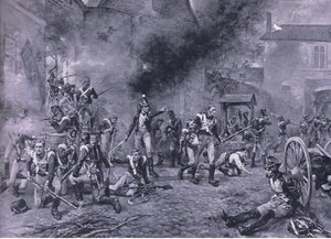 La défense de Hougoumont, 18 juin 1815 (illustration de British Battles on Land and Sea)