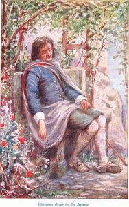 Christian dort dans la tonnelle, de The Pilgrims Progress publié par John F Shaw & Co, vers 1900 - Robert Ambrose Dudley