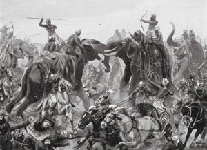 La défaite de Pulikesin II Chalukhya par Mahamalla Pallava à Badami, 642 après J.-C. (lithographie)