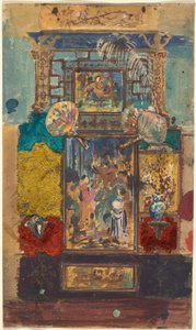 Décor de scène composé de panneaux peints, tissus et éventails