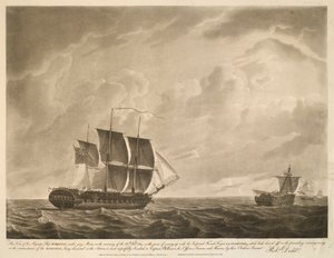 Cette vue du navire de Sa Majesté EUROTAS, sous les mâts du jury, le matin du 26 février 1814, sur le point de rejoindre la frégate impériale française LA CLORINDE, qui s