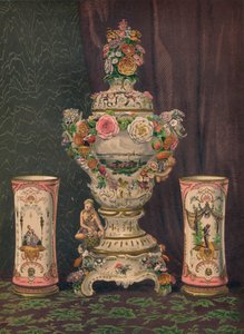 Vase en porcelaine de Dresde et paire de gobelets en porcelaine, 1863