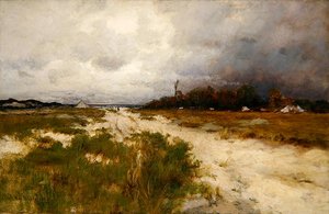 Paysage côtier, dunes et moulin à vent
