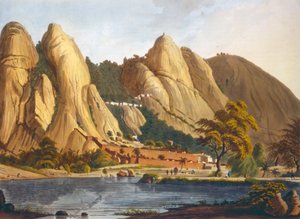 Vue sud de Sewandroog, illustration de Douze Vues de Mysore, le pays de Tippoo Sultan gravé et coloré par J.W. Edy, publié en 1804