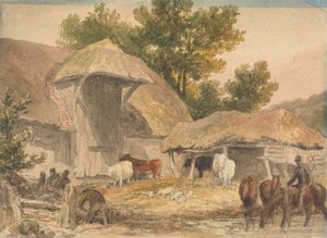 Cour de ferme avec chevaux en attente - Robert Hills