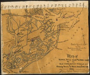 Carte de Morris, Folly, Coles et James Island(s), etc., et du port de Charleston S.C. montrant (sic) les forts et batteries de l