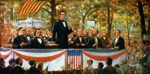 Abraham Lincoln et Stephen A. Douglas débattant à Charleston, Illinois le 18 septembre 1858