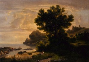 Paysage avec famille au bord d