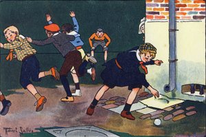 Balle au mur. Gravure dans "À quoi jouons-nous ?" par E. Weber avec des dessins aquarellés de Robert Salles (1871-1929). Librairie Garnier Frères, Paris