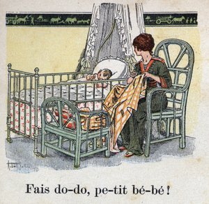 Livre pour enfants “Je lirai - Alphabet méthodique et amusant par un papa” 1926. Illustration de Robert Salles (1871-1929). “Dors, bébé bébé !”. Une mère coud dans la chambre de son enfant en attendant que son bébé dorme. - Robert Salles